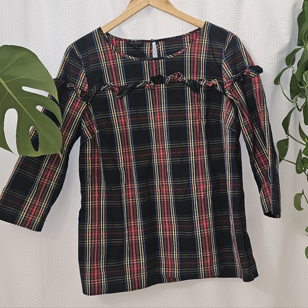 Talbots Multicolor Plaid Ruffle Blouse Size L